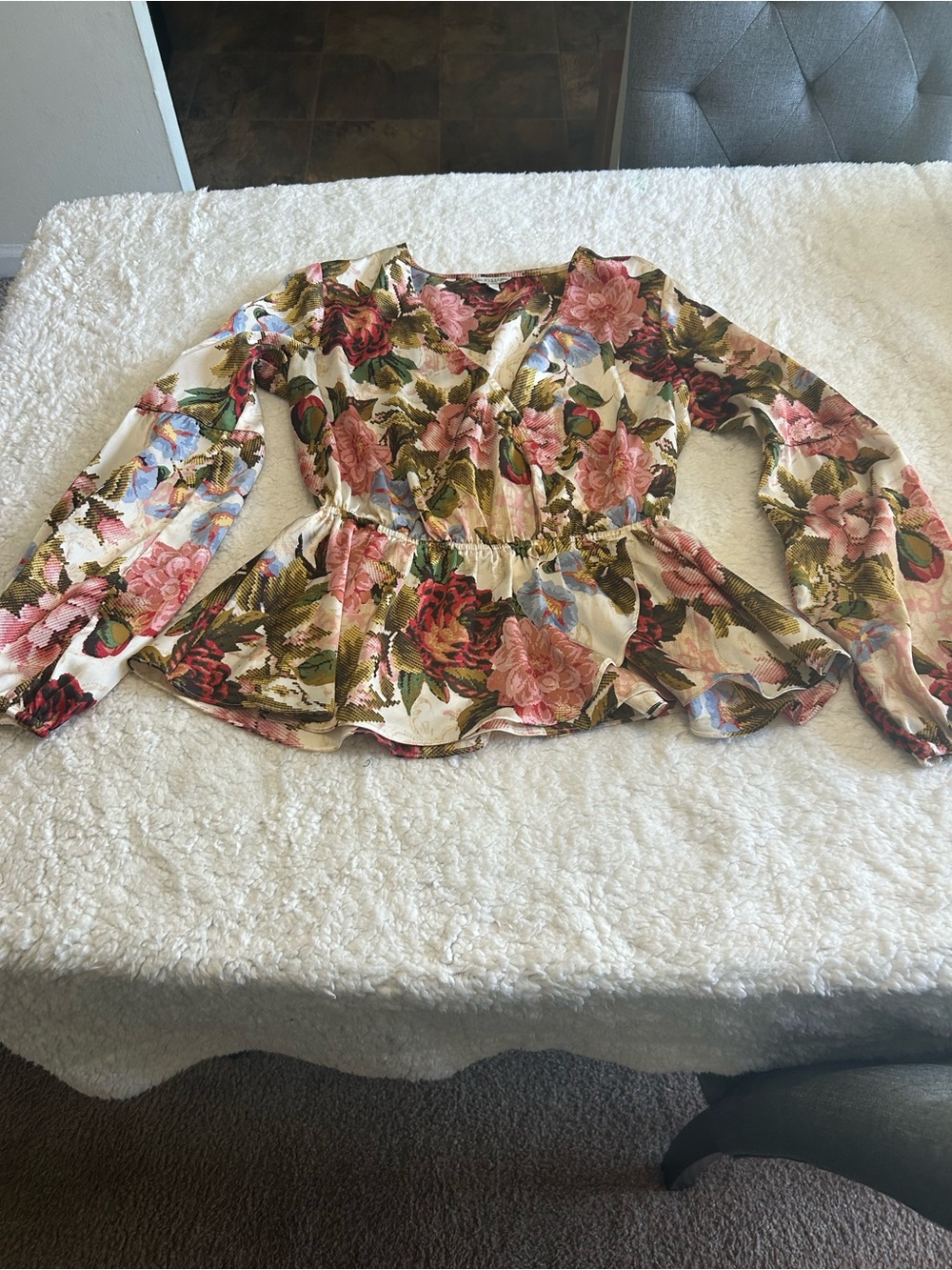 Guess Floral V-Neck Peplum Blouse - Pink, Green, Blue - Picture 2 of 7